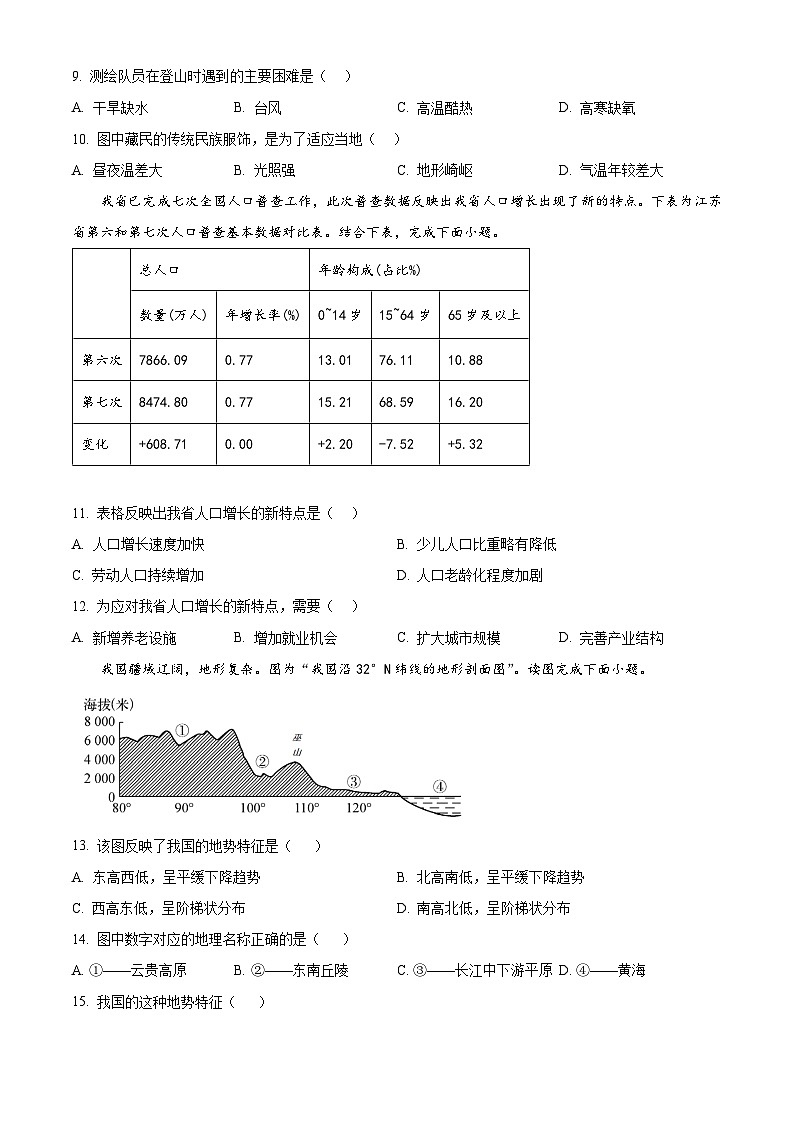 2024年江苏省江阴市第一初级中学中考模拟地理试卷（二） （原卷版+解析版）03