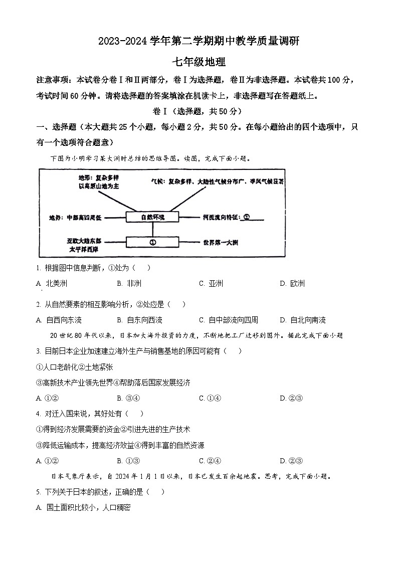 山东省宁津县第三实验中学、第六实验中学2023-2024学年七年级下学期期中地理试题01