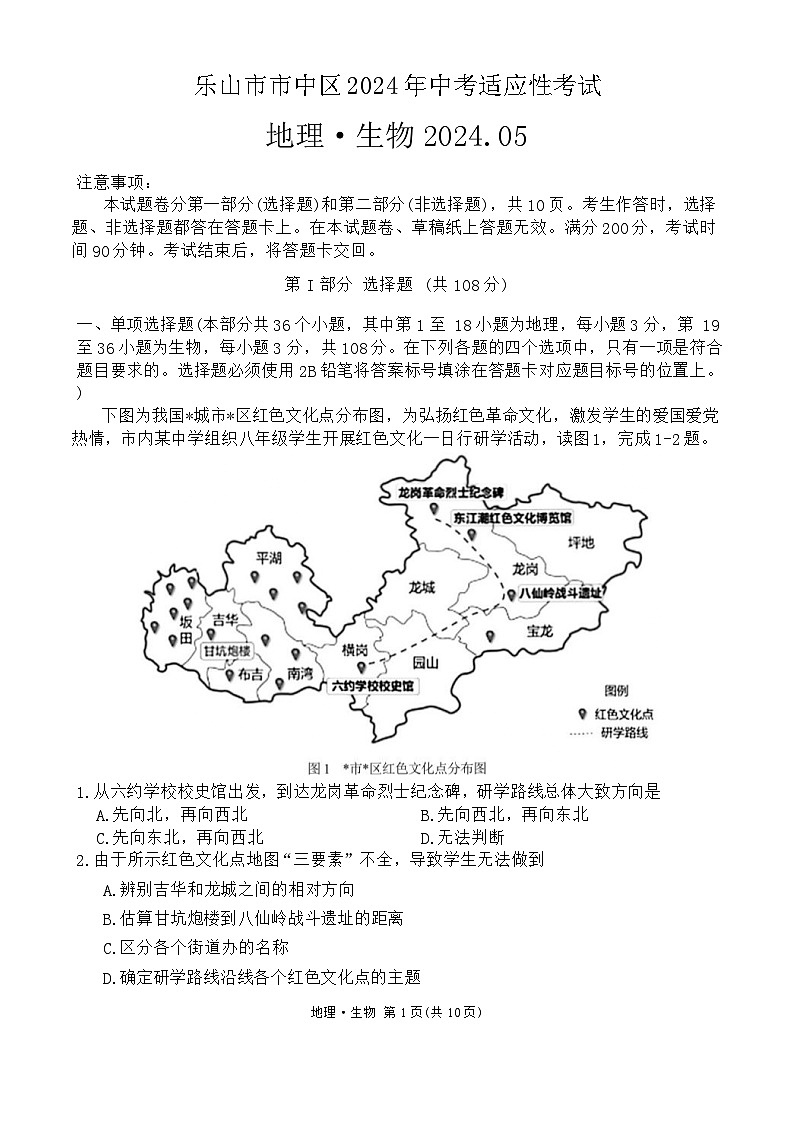 2024年四川省乐山市中区中考地理生物模拟考生物试题01