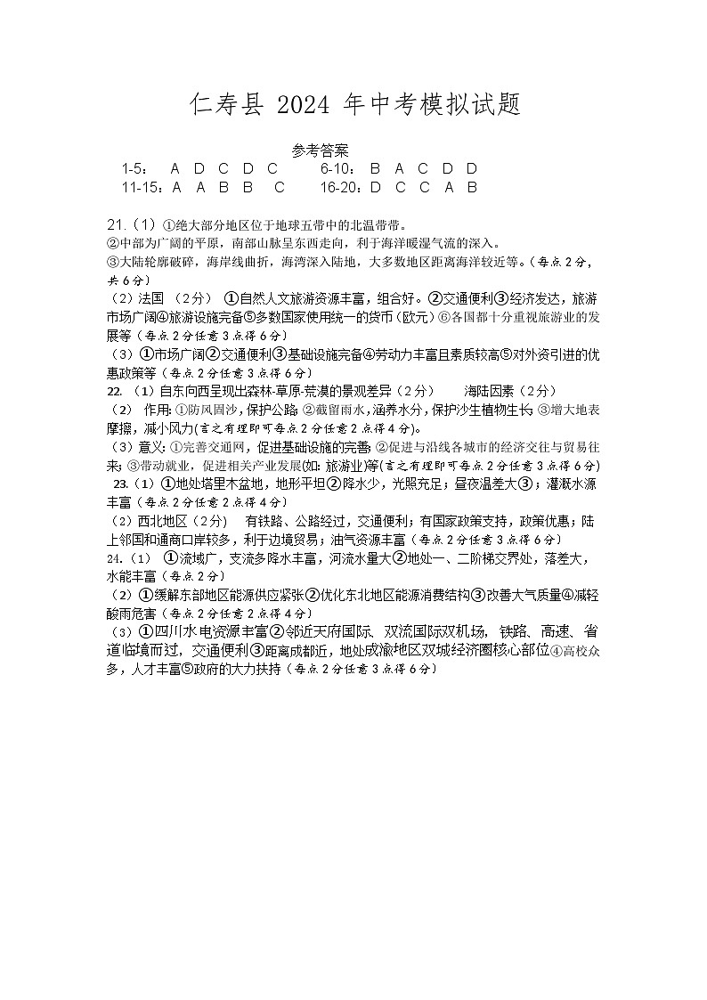 2024年四川省仁寿县中考模拟地理试题01