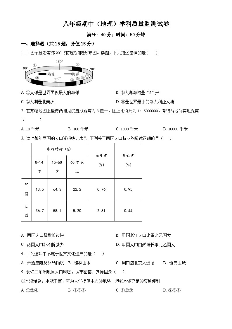 辽宁省营口市鲅鱼圈区实验中学2023-2024学年八年级下学期期中地理试题（原卷版+解析版）01