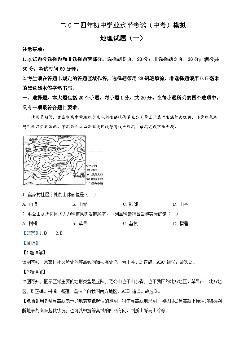 2024年山东省菏泽市单县八校中考一模地理试题（原卷版+解析版）01