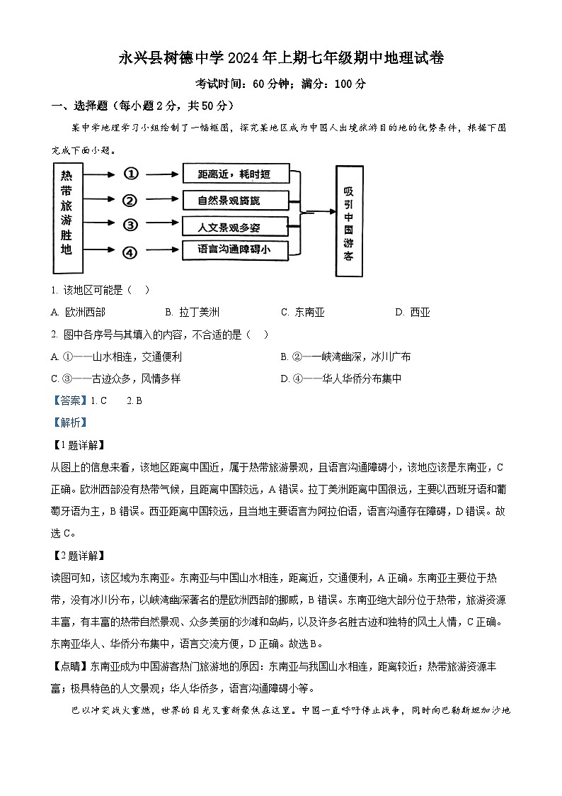 湖南省永兴县树德中学2023--2024学年七年级下学期期中地理考试试卷（解析版）第1页