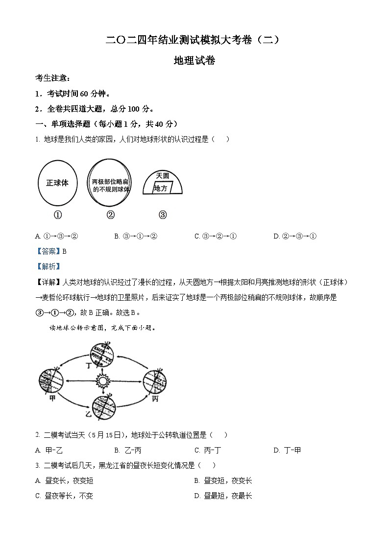 2024年黑龙江省伊春市中考二模地理试题（原卷版+解析版）01
