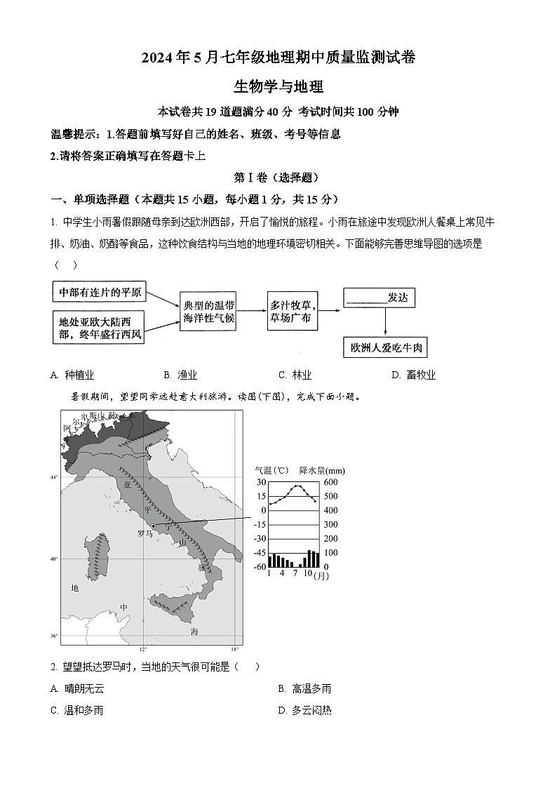 辽宁省鞍山市立山区2023-2024学年七年级下学期期中地理试题（原卷版+解析版）01