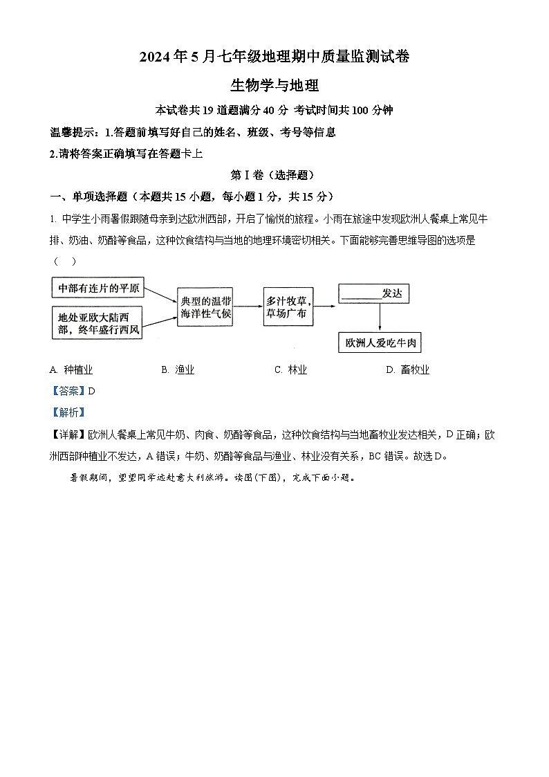 辽宁省鞍山市立山区2023-2024学年七年级下学期期中地理试题（原卷版+解析版）01
