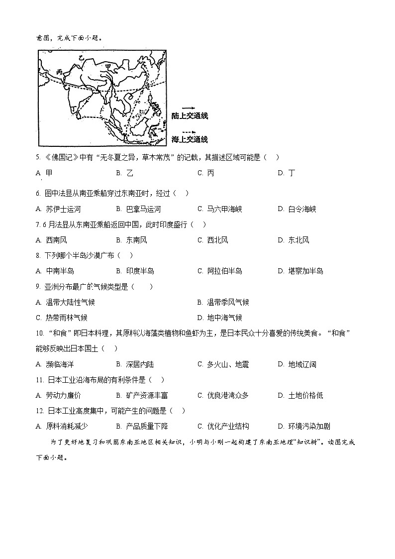 甘肃省庆阳市镇原县2023-2024学年七年级下学期期中地理试卷（原卷版）第2页