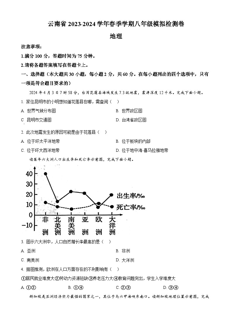 2024年云南省昭通市巧家县中考二模地理试题（原卷版+解析版）01