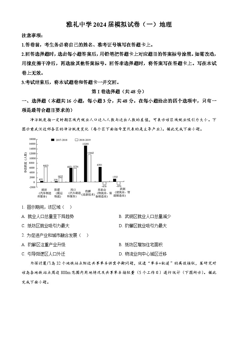 2024年湖南省长沙市雅礼中学中考模拟地理试卷（一）（原卷版+解析版）01