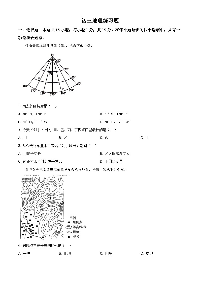 2024年山东省淄博市桓台县（五四学制）中考二模地理试题（原卷版）第1页