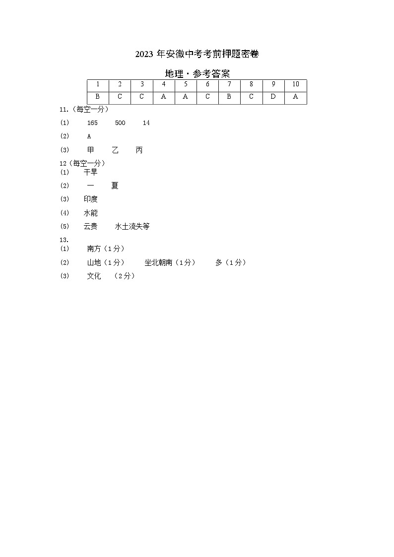 2023年中考考前押题卷：地理（安徽卷）（参考答案）01