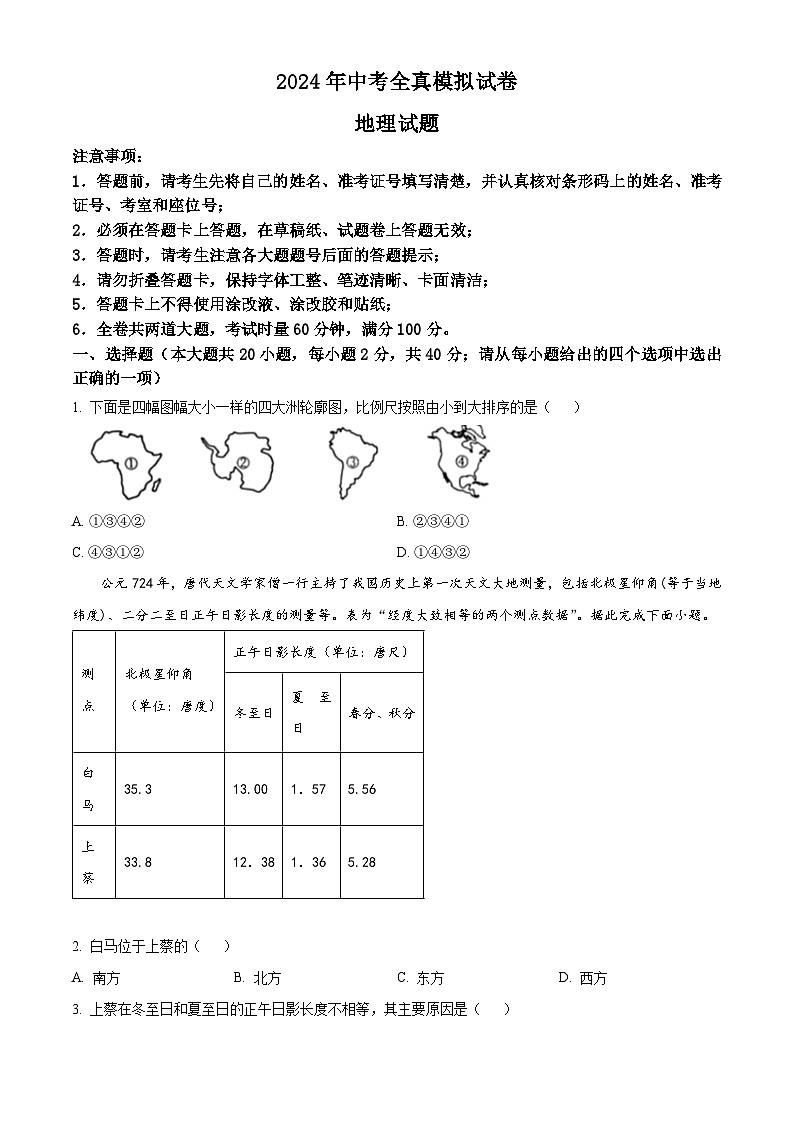 2024年湖南省长沙市湖南师大附中教育集团中考全真模拟地理试卷 （学生版）第1页