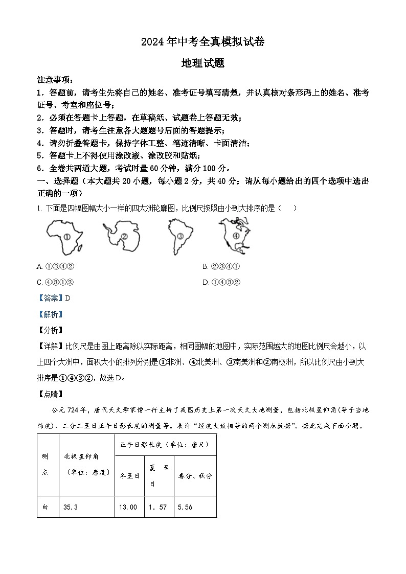 2024年湖南省长沙市湖南师大附中教育集团中考全真模拟地理试卷 （教师版）第1页