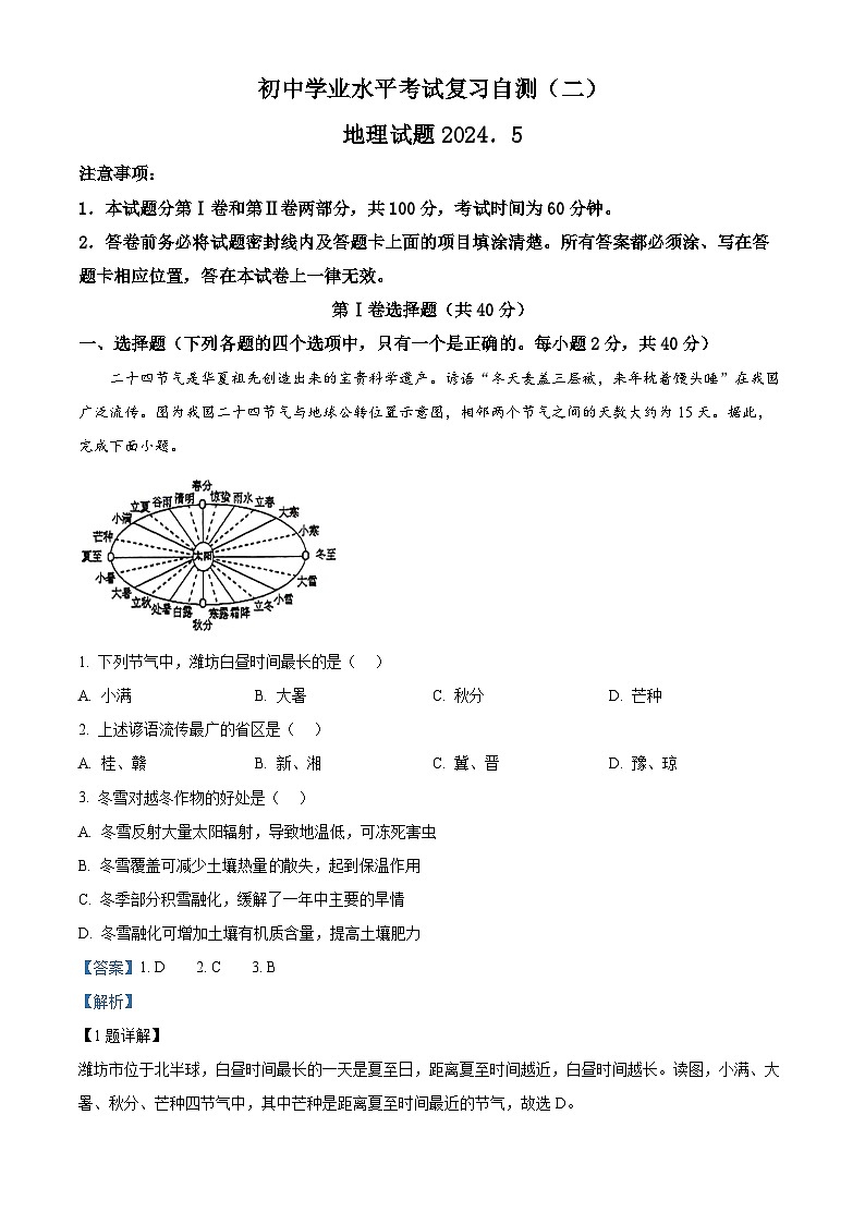 2024年山东省潍坊市昌邑市初中学业水平考试复习地理试卷（二）（教师版）第1页
