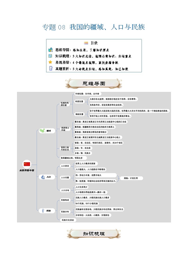 专题08 我国的疆域、人口与民族2024年会考地理一轮复习知识清单01