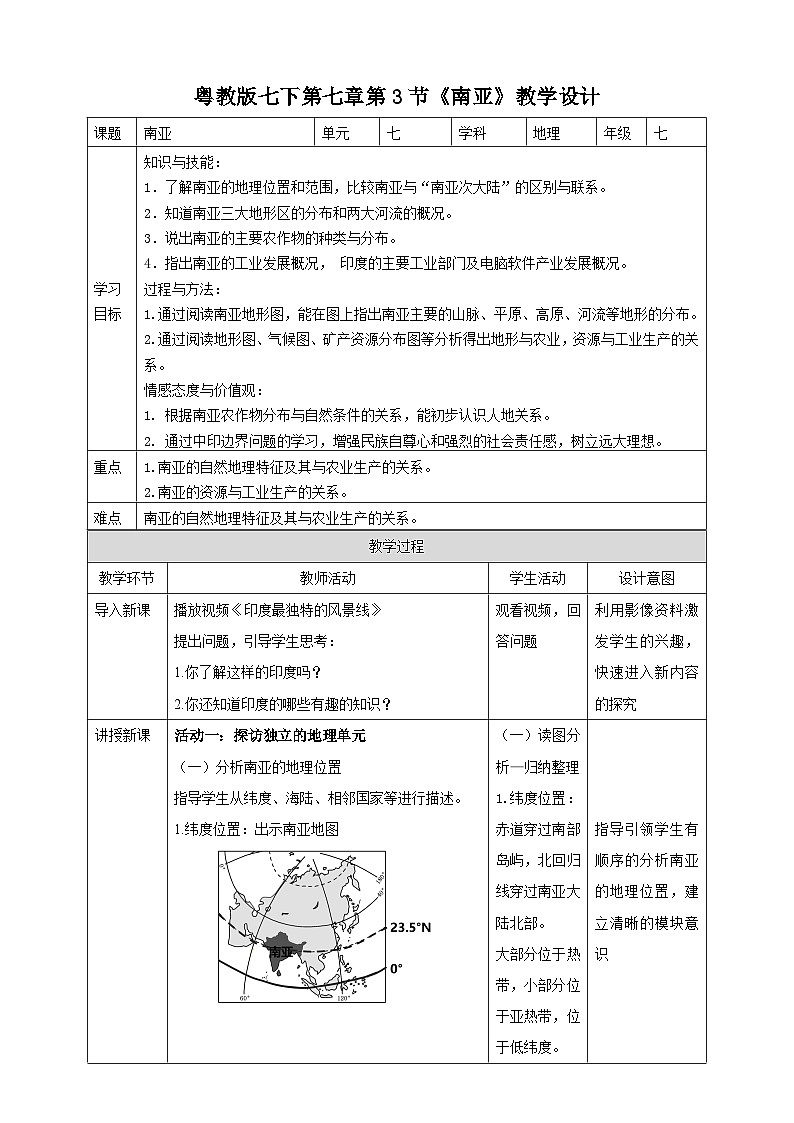 粤教版初中地理七年级下册 第七章第三节《南亚》课件+教案+导学案01