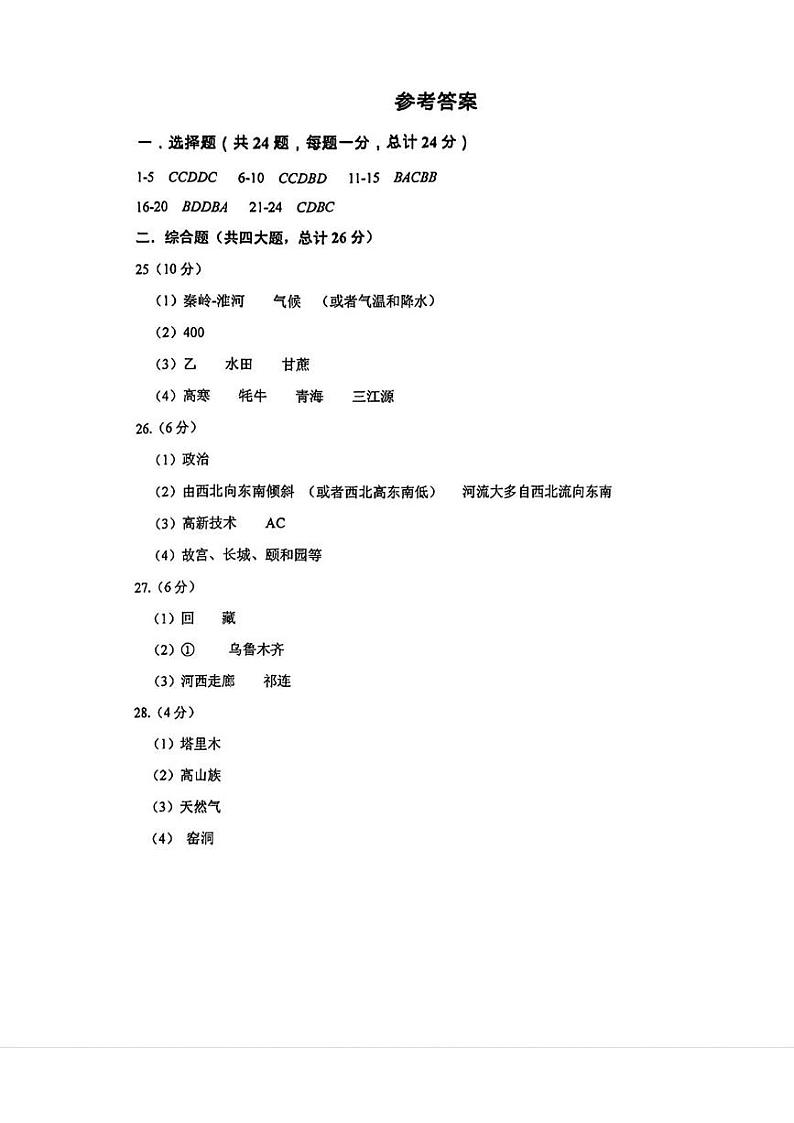 江西省鹰潭市余江区2024年中考一模考试地理、生物试题01