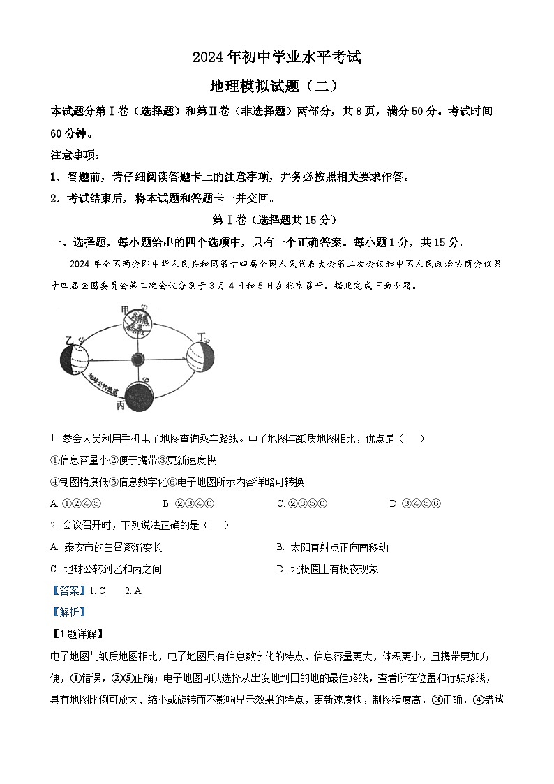 2024年山东省肥城市中考二模地理试题01