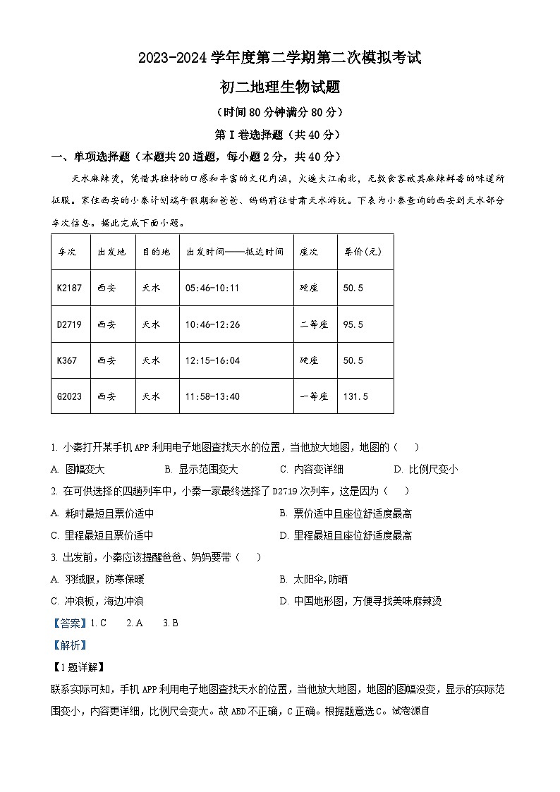 江苏省徐州市树人初级中学2023-2024学年八年级下学期5月月考地理试题01
