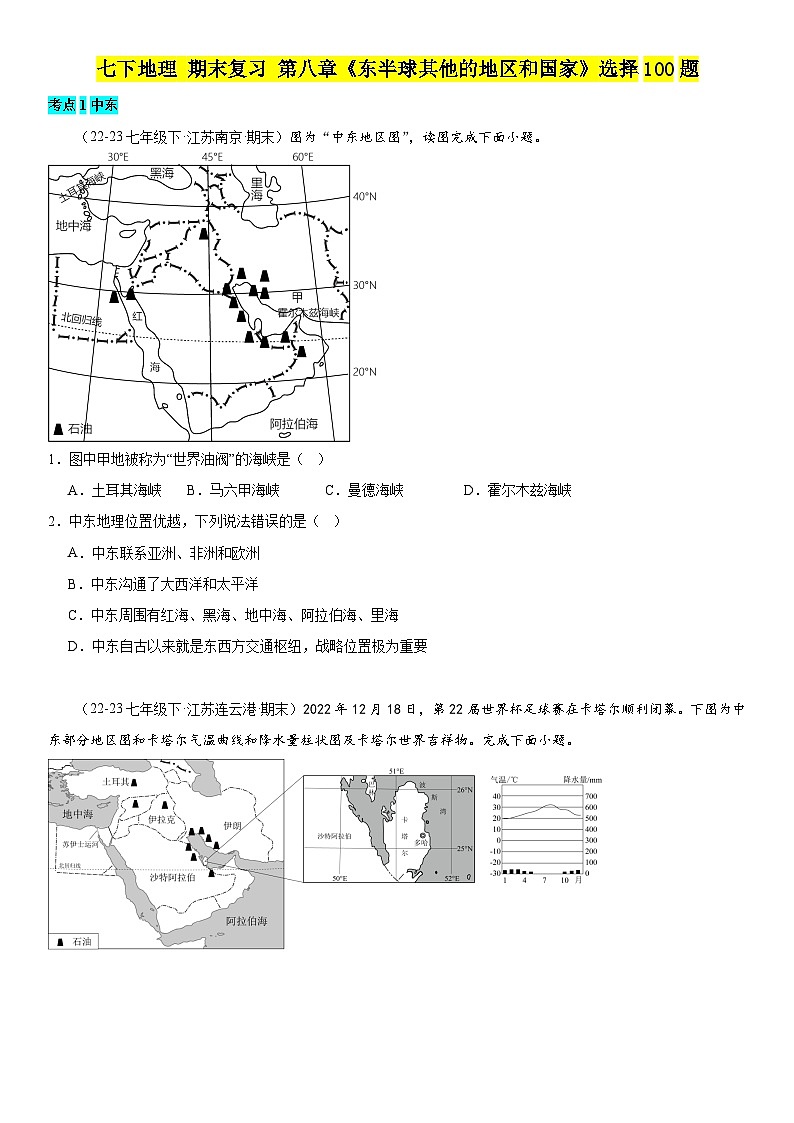2023-2024年人教版七下地理期末复习第八章《东半球其他的地区和国家》选择100题（含解析）第1页