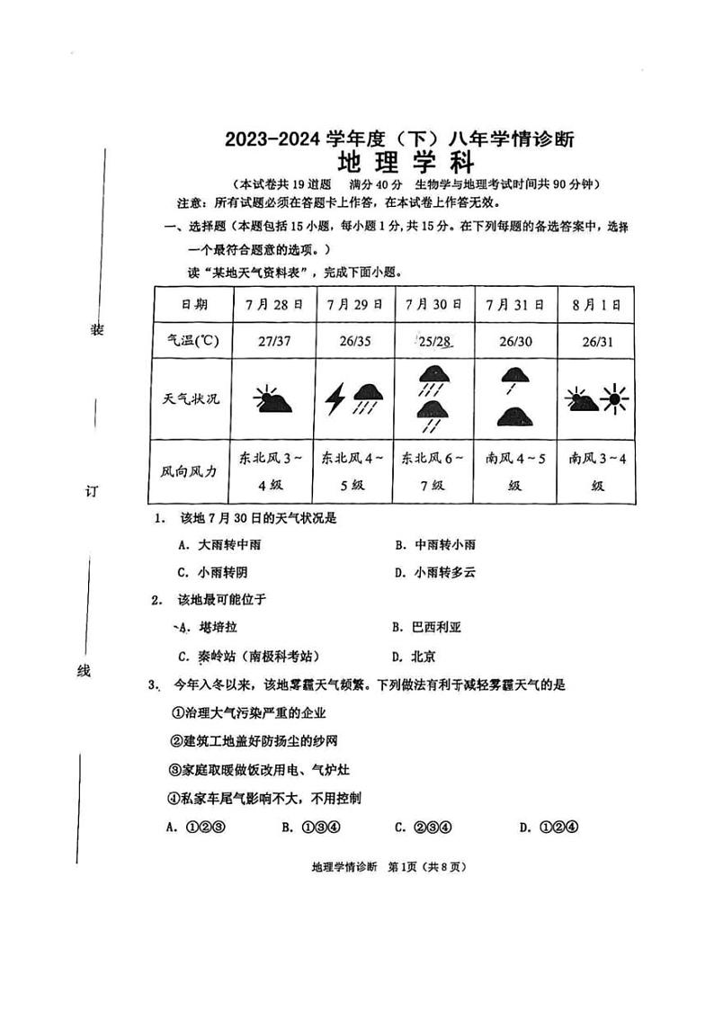 2024年辽宁省沈阳市大东区2023～2024学年下学期八年级中考零模地理试卷（图片版含答案）第1页