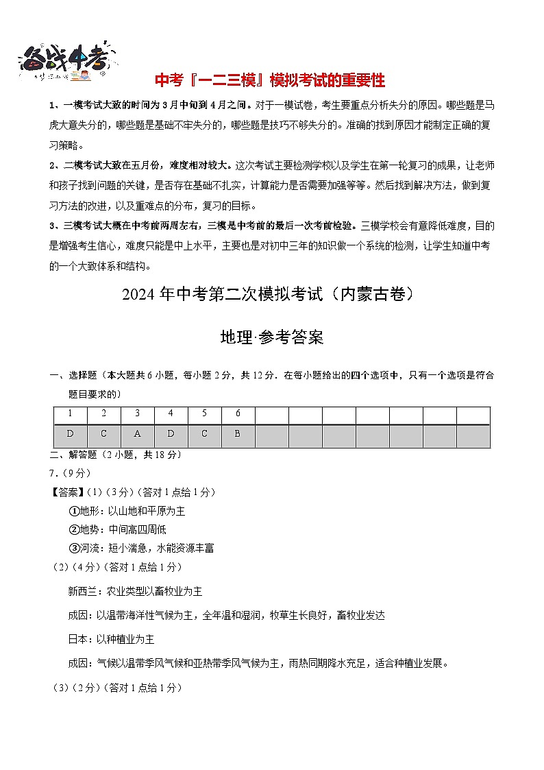 中考地理（内蒙古卷）- 2024年中考第二次模拟考试01