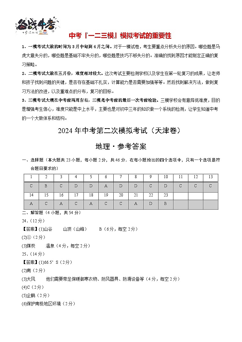 中考地理（天津卷）- 2024年中考第二次模拟考试01