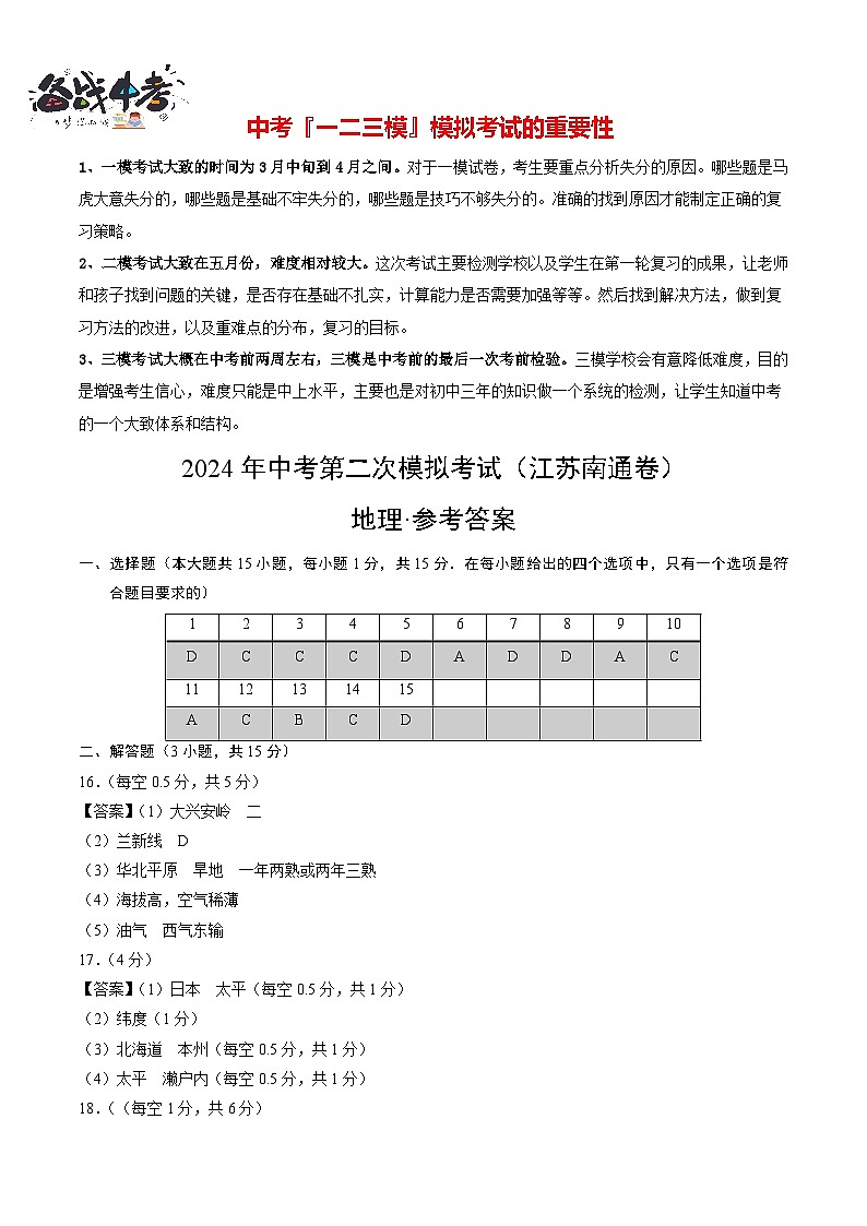 地理（江苏南通卷）（参考答案及评分标准）第1页
