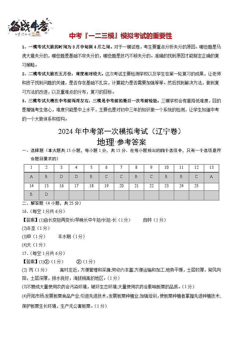 中考地理（辽宁卷）- 2024年中考第二次模拟考试01