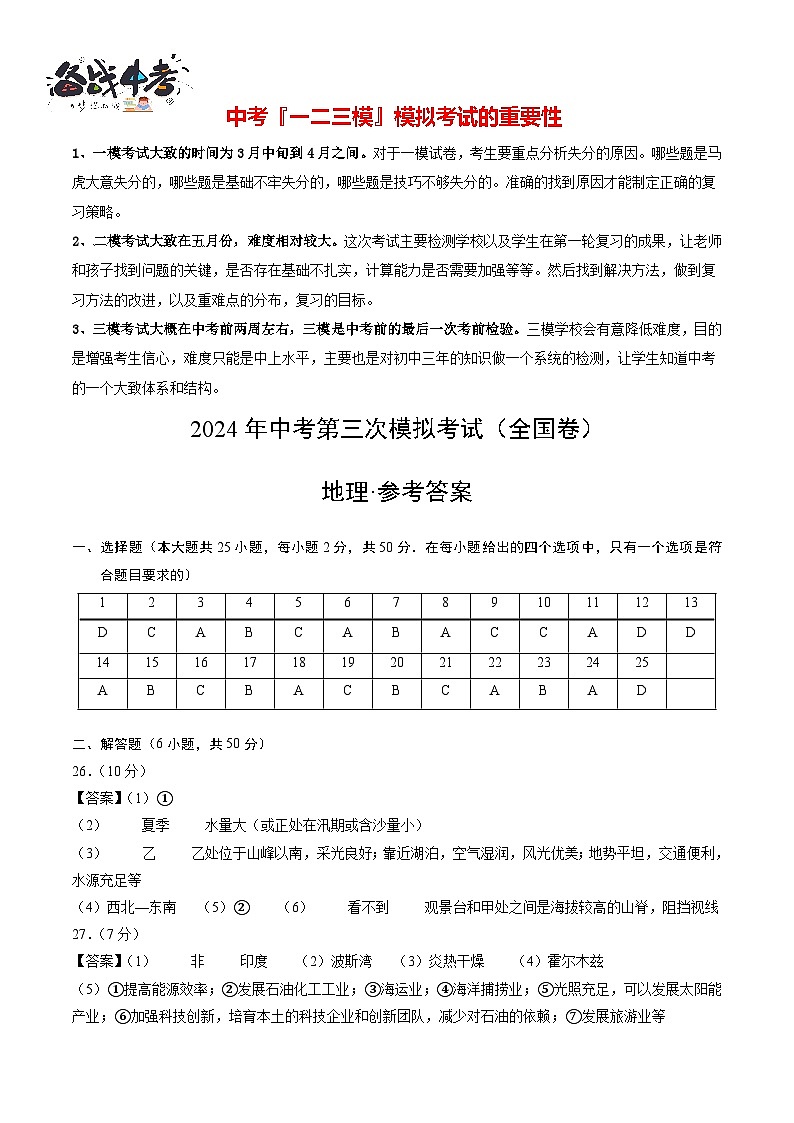 地理（全国卷）（参考答案及评分标准）第1页