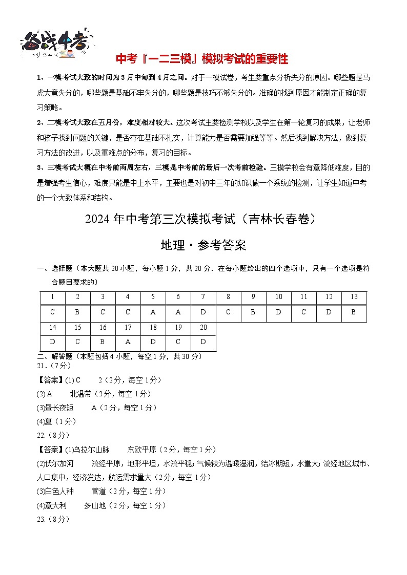 地理（吉林长春卷）（参考答案及评分标准）第1页