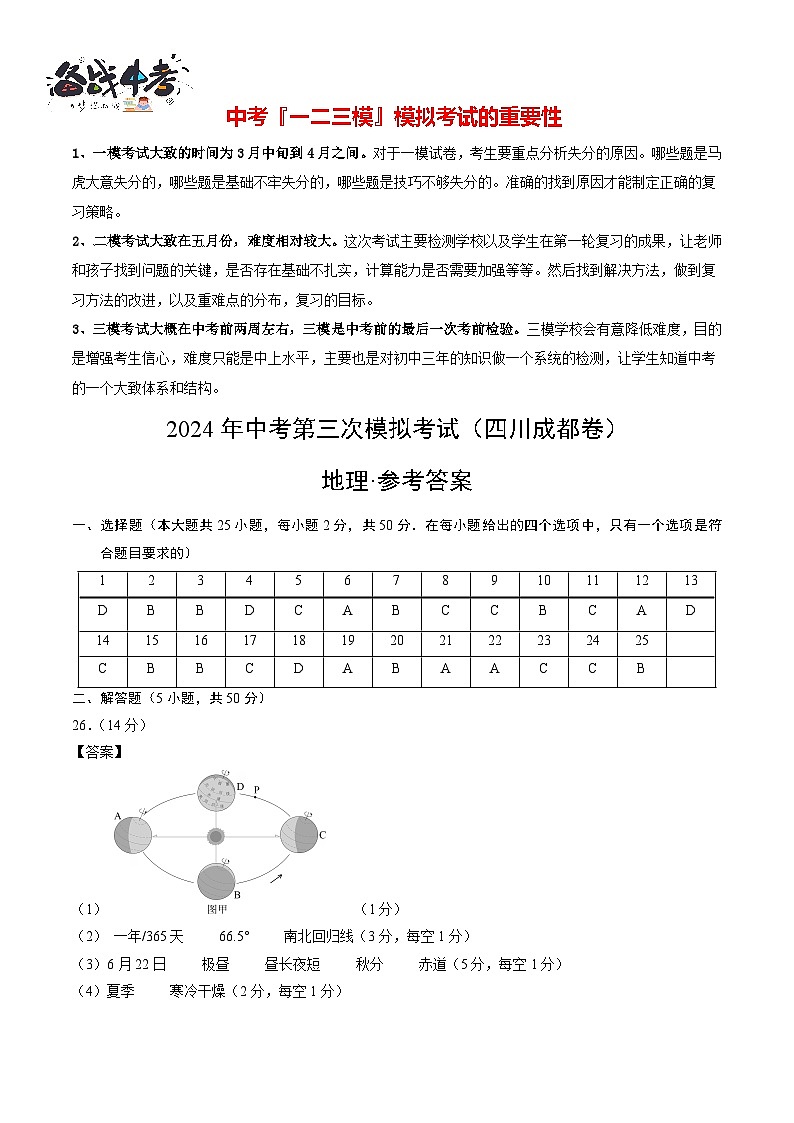 地理（四川成都卷）（参考答案及评分标准）第1页