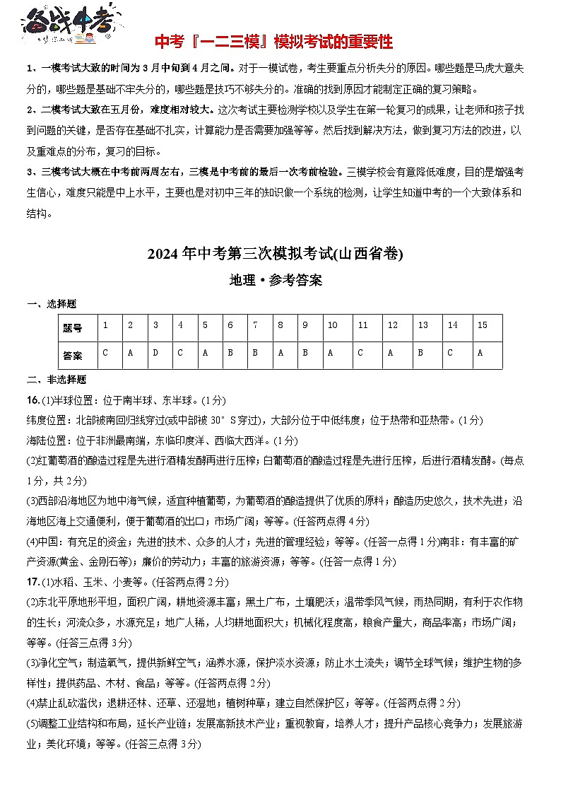 地理（山西省）（参考答案及评分标准）第1页