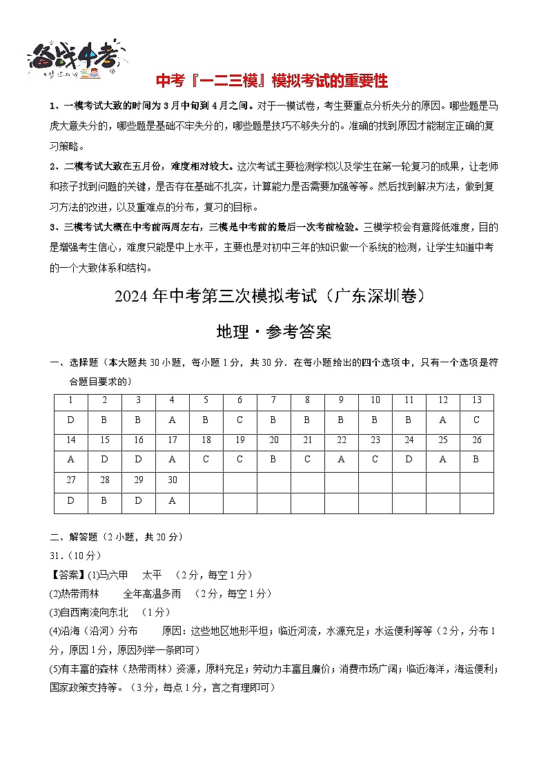 地理（广东深圳卷）（参考答案及评分标准）第1页