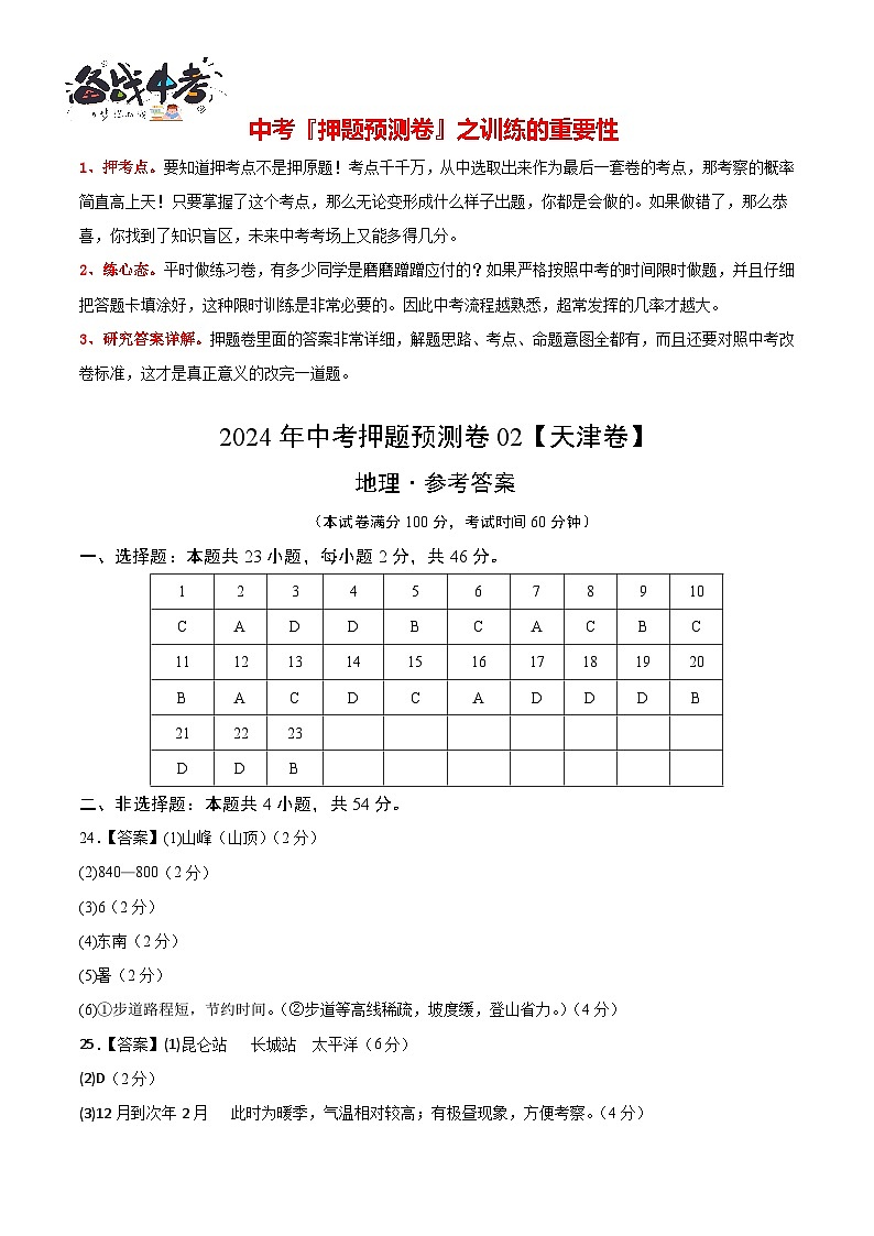 2024年中考地理押题预测卷02（天津卷）-（含考试版、答案、解析和答题卡）01