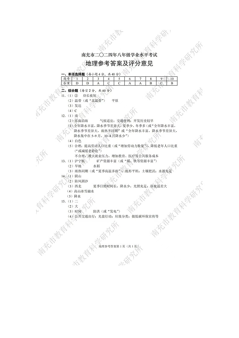 2024年四川省南充市中考地理试题（图片版，含标答）01