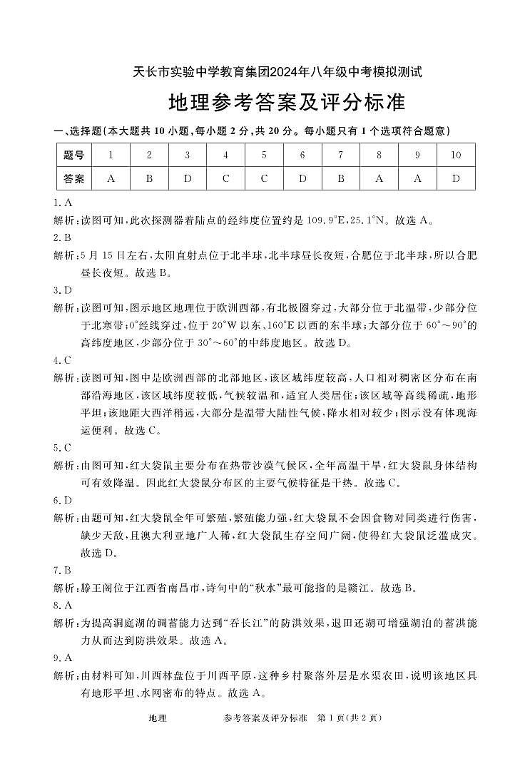 2024年安徽省天长市实验中学教育集团中考模拟测试地理试卷01