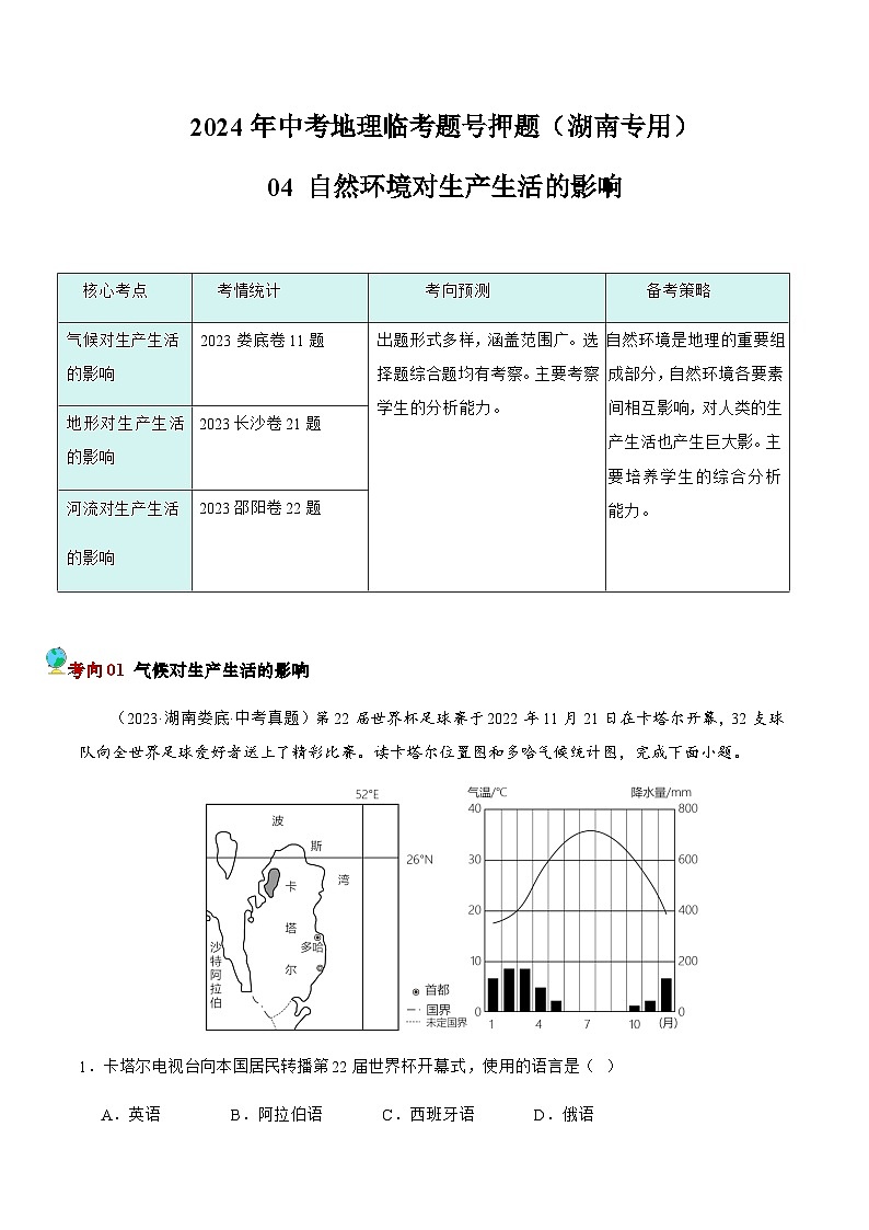 押湖南卷04 自然环境对生产生活的影响（原卷版）第1页
