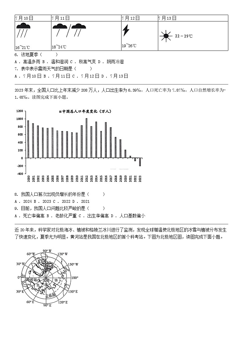 [地理]贵州省黔东南州2024年初中毕业生学业水平中招模拟考试地理试题02