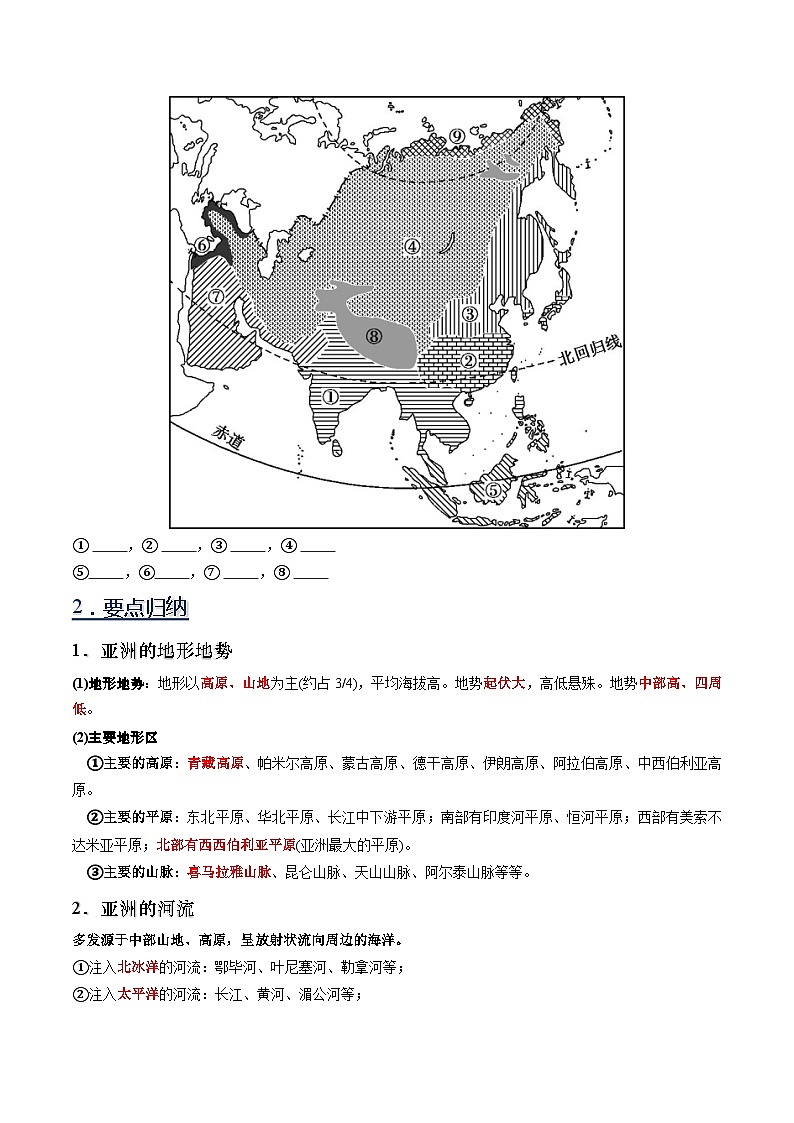 02 亚洲的自然环境-（读图识图）2023-2024年七年级地理下册填图练习（人教版）02