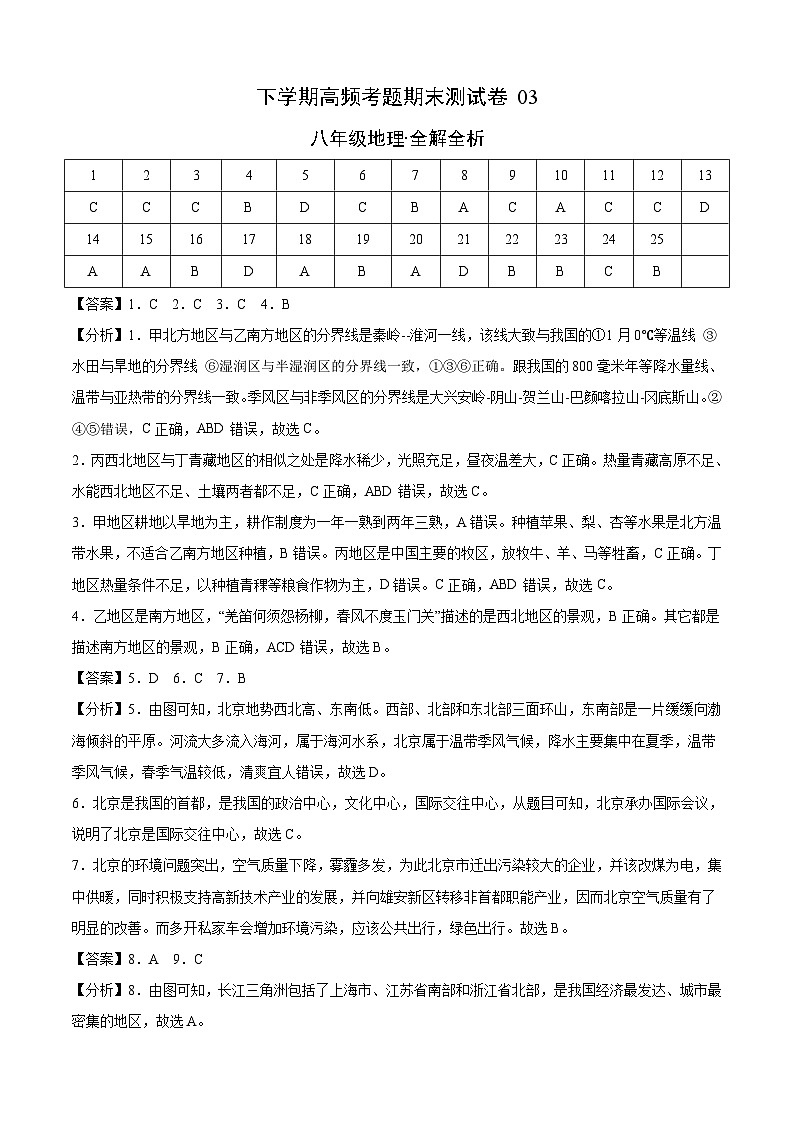 【期末复习】测试卷03-八年级下学期地理期末测试卷（高频考题）（人教版）（全解全析）第1页
