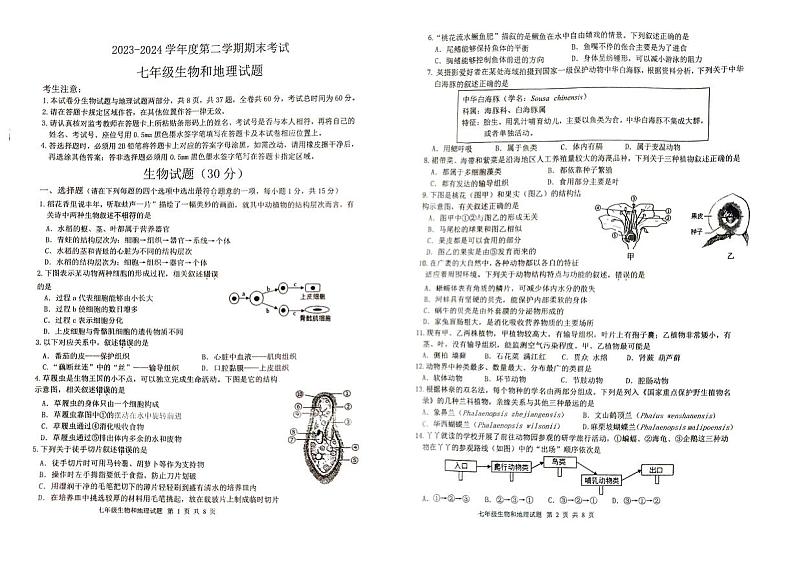 江苏省连云港市东海县2023-2024学年七年级下学期6月期末地理•生物试题第1页