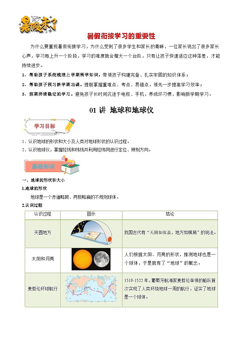 【暑假衔接】第01讲 地球和地球仪（原卷版）—新七年级地理暑假精品自学课第1页