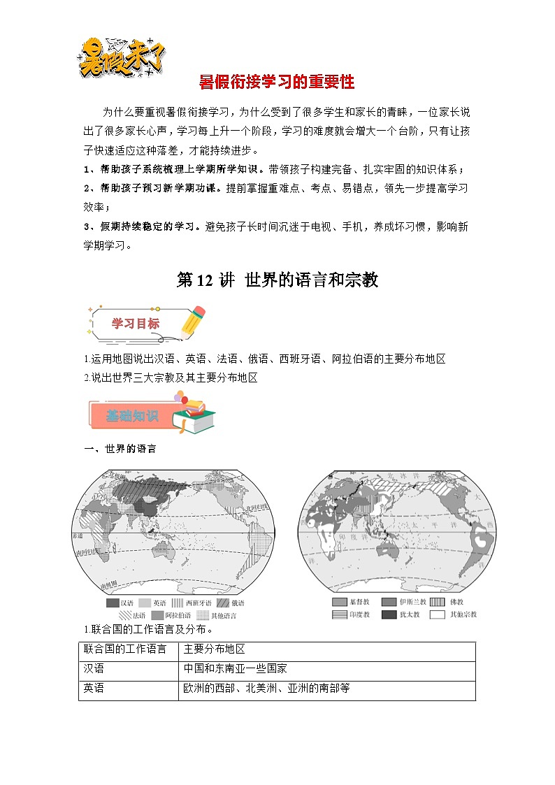 第12讲 世界的语言和宗教-【暑假衔接】新六升七地理暑假精品课讲义（人教版）01