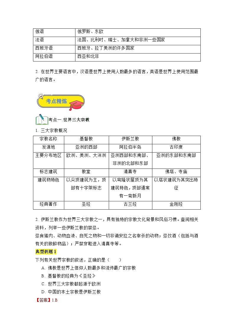 第12讲 世界的语言和宗教-【暑假衔接】新六升七地理暑假精品课讲义（人教版）02