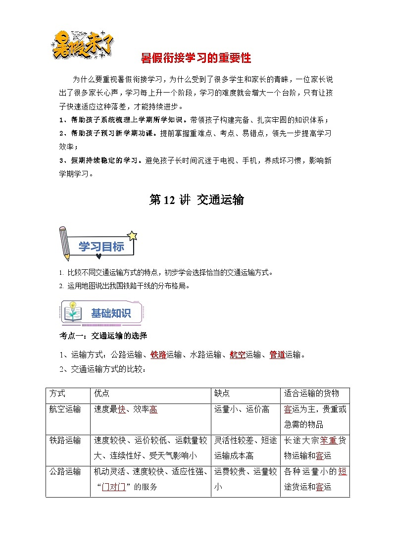 第12讲 中国的交通运输-【暑假衔接】新七升八地理暑假精品课讲义（人教版）01