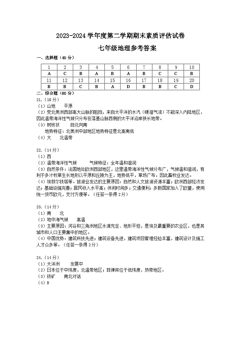 河南省商丘市2023-2024学年七年级下学期期末地理试题01
