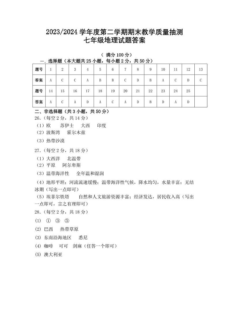 七年级地理参考答案第1页