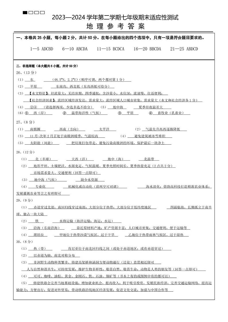 福建省福州市连江县2023-2024学年七年级下学期期末考试地理试题01