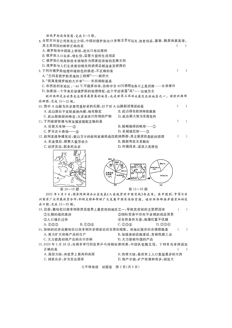 安徽省滁州市凤阳县2023-2024学年七年级下学期期末地理试题第2页